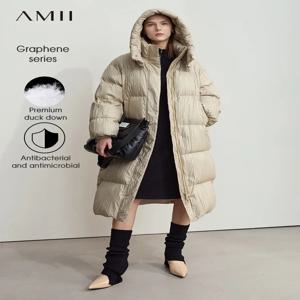 AMII 미니멀리스트 여성용 그래 핀 라이닝 다운 재킷 2024 겨울 새로운 분리형 캡 Pleated Texture 여성 통근 코트 12444071
