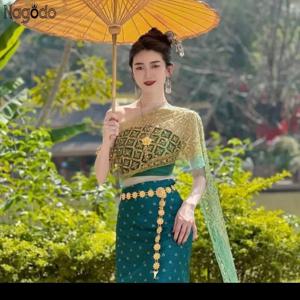 럭셔리 태국 여성 빈티지 드레스 태국 전통 의류 5 세트 베트남 드레스 슬림하고 섹시한 다이 의상 N1118-1