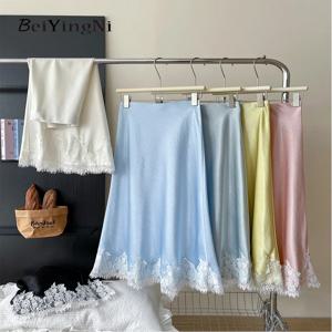 Beiyingni 프랑스어 우아한 새틴 인어 스커트 여성 봄 여름 레이스 패치 워크 팩 엉덩이 긴 a 라인 스커트 Office Ladies Faldas