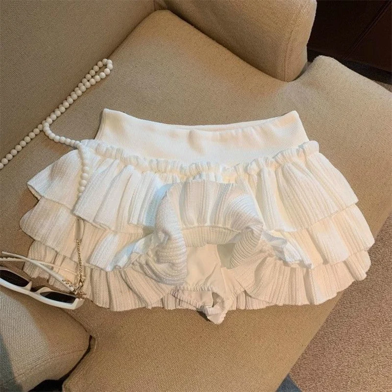 Sweet Puffy Cake 여성 스커트 한국 패션 셔링 프릴 미니 스커트 캠퍼스 하라주쿠 캐주얼 다목적 신축성 허리 솔리드 스커트