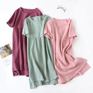 여름 Sleepshirts 편안한 솔리드 컬러 코튼 거즈 롱 스커트 홈 나이트 가운 여성 라운드 넥 nightdress 얇은 섹션