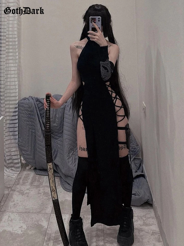 고스 다크 코스프레 높은 분할 섹시한 붕대 여성 드레스 Y2K 몰 고딕 홀터 슬림 미디 드레스 블랙 그런지 스타일 Alt Partywear