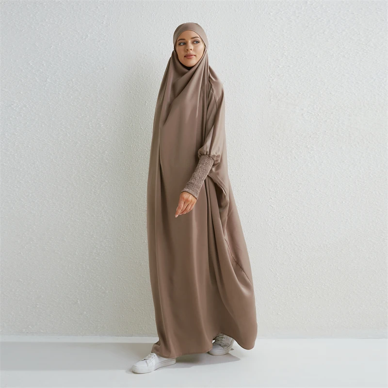 이슬람 Abaya 후드 스모킹 슬리브 원피스기도 드레스 여성 Jilbab 이슬람 의류 두바이 사우디 블랙 가운 터키 겸손