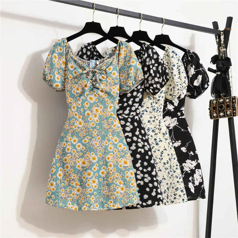 여성 미니 드레스 여름 패션 여성 Vestidos 인쇄 꽃 쉬폰 드레스 Shirring Pleated 짧은 푹신한 슬리브 캐주얼 드레스