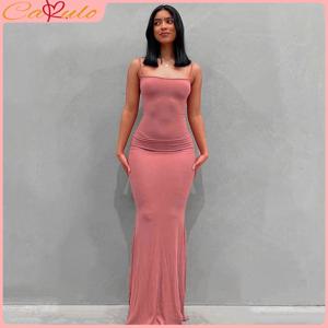 새틴 슬립 민소매 백리스 맥시 드레스 여성 2023 여름 Bodycon 우아한 섹시한 의상 숙녀 생일 파티 클럽 Sundress