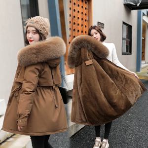 여성 파카 패션 롱 코트 울 라이너 후드 파카 2023 새로운 겨울 자켓 슬림 모피 칼라 따뜻한 스노우웨어 패딩 의류
