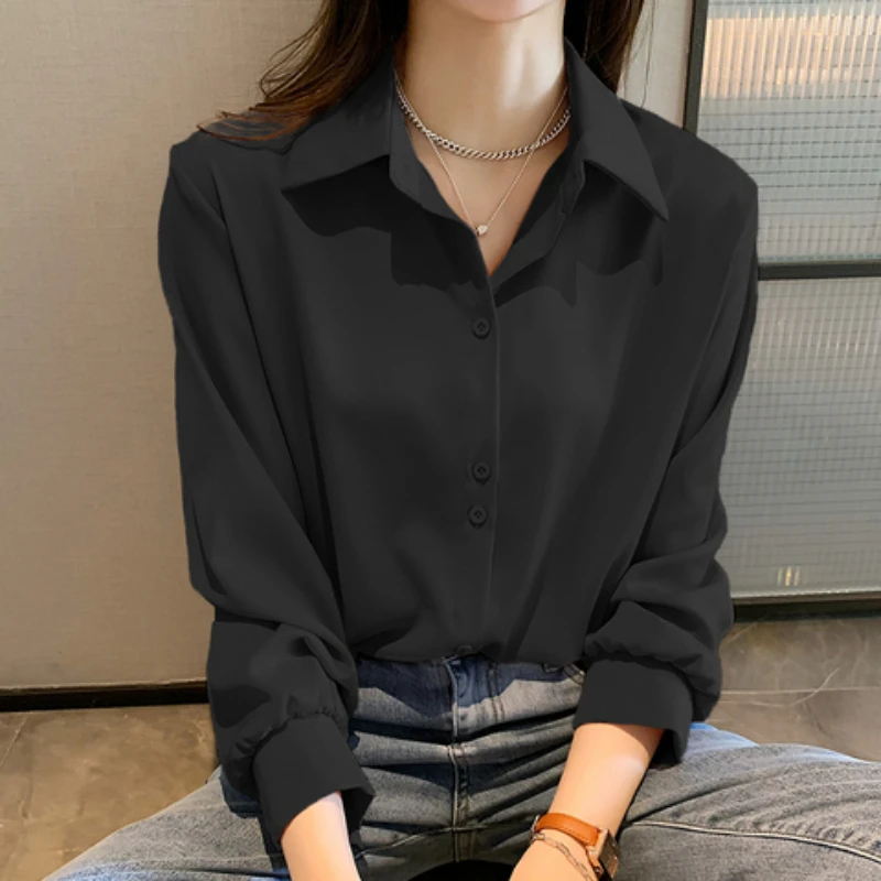 플러스 사이즈 셔츠 봄 여름 패션 여성 긴 소매 느슨한 솔리드 블라우스 탑 캐주얼 쉬폰 셔츠 여성 Office Lady Shirts