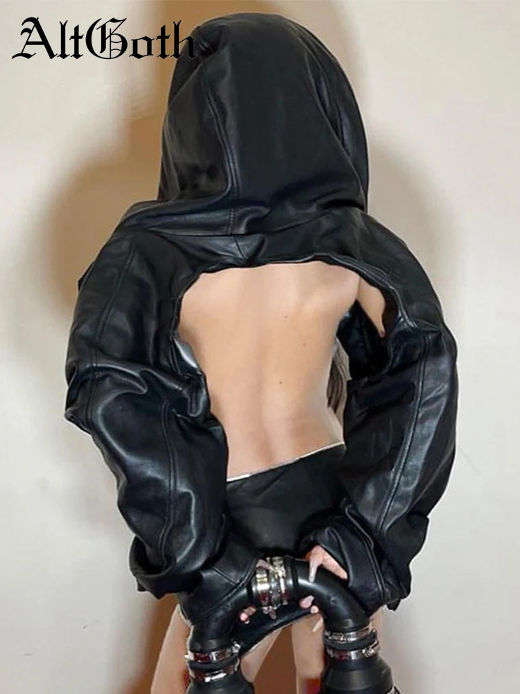 AltGoth 여성용 사이버 펑크 다크 고딕 PU 크롭 재킷, 하라주쿠 스트리트웨어, 힙합 이모, Alt 긴팔 가죽 후드 코트