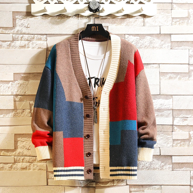 가을 겨울 고품질 빈티지 스티치 색상 남성 여성 캐주얼 스웨터 카디건 여러 가지 빛깔의 streetwear 느슨한 양모 니트웨어