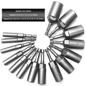 5/10/15Pcs 80mm 길이 심화 전원 너트 드라이버 드릴 비트 세트 전동 공구 용 5.5-19MM 충격 소켓 어댑터 6.35MM 육각 섕크