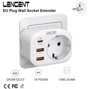 LENCENT EU 플러그 벽 소켓 확장기(AC 콘센트 1개 포함) USB QC3.0 2개 및 C형 PD 20W 멀티 소켓 고속 충전기 1개(가정 여행용)