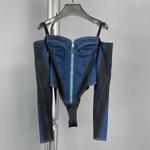 패션 여성 지퍼 데님 바디 슈트 속이 빈 긴 소매 스키니 바디 슈트 Rompers 블루 데님 짧은 점프 슈트 오버올 의상