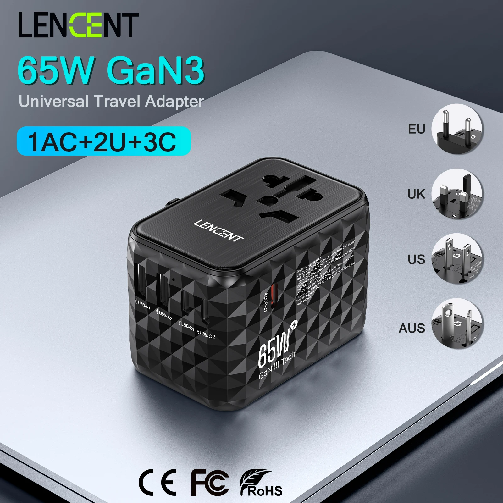 LENCENT 65W GaN 범용 여행용 어댑터(USB 2개 포함) 3 유형 C 고속 충전 올인원 여행용 충전기 EU/UK/USA/AUS 여행용