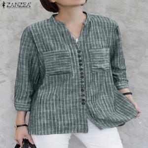 ZANZEA 여성 빈티지 스트라이프 블라우스 여름 3/4 슬리브 루즈 셔츠 패션 v 넥 버튼 업 탑 우아한 블라우스 Femme Tunic Mujer
