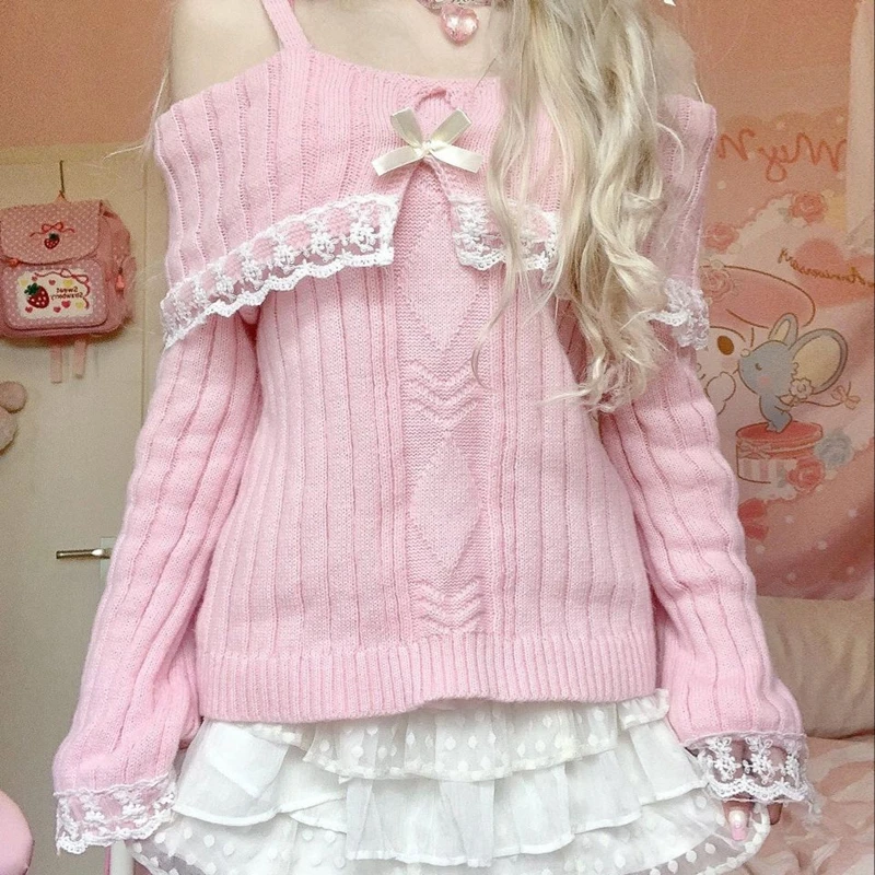 예쁜 귀여운 의상 하라주쿠 코스프레 스웨터 카와이 레이스 트림 오프 숄더 풀오버 Y2K 미적 빈티지 긴 소매 점퍼