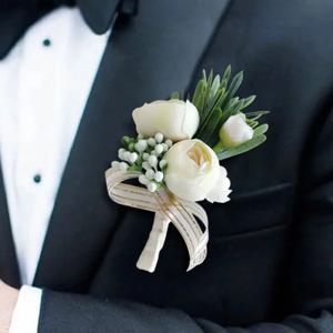 Boutonnieres 꽃 인공 장미 실크 아이보리 코사지 Buttonhole Groomsmen Boutonniere for Men 웨딩 액세서리
