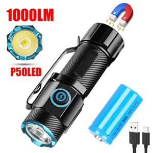 울트라 브라이트 미니 P50 LED 손전등 야외 모자 클립 토치 USB C 꼬리 자석으로 충전식 캠핑 사냥 비상 램프