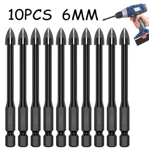 10Pcs 6mm 크로스 16 진수 드릴 비트 세트 타일 도자기 유리 거울 다기능 타일 도자기 드릴 비트 키트 도구 초경 드릴