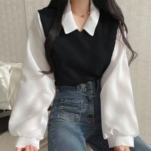 거짓 투피스 폴로 칼라 여성 블라우스 봄 캐주얼 한국 셔츠 Y2k 탑 streetwear 루즈 한 여성 풀오버 우아한 블라우스