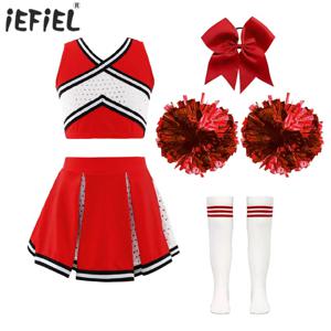 키즈 치어 리더 의상 댄스 유니폼 치어 리더 복장 스팽글 민소매 자르기 탑 스커트 양말 학교 소녀 댄스웨어 세트