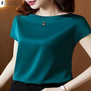 2024 ZANZEA 여름 패션 블라우스 우아한 반팔 새틴 셔츠 여성 세련된 OL 작업 셔츠 여성 파티 Blusas 튜닉 Chemise