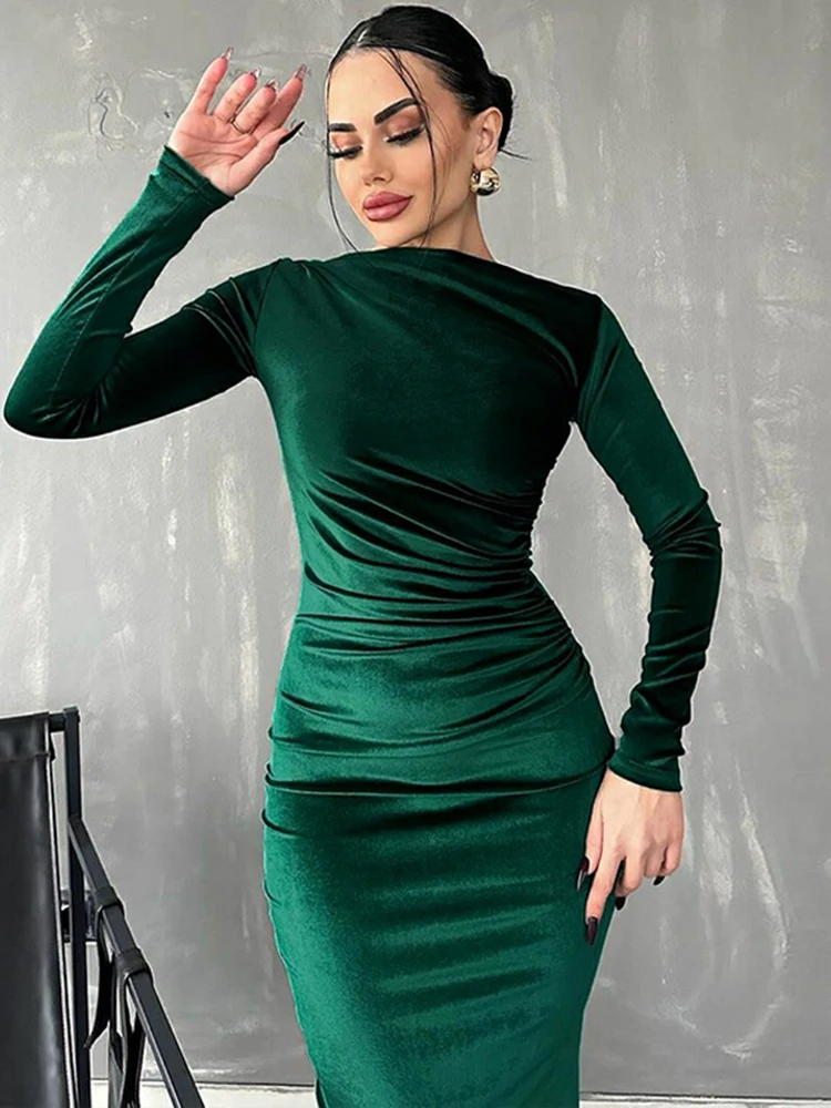 Dulzura 2024 봄 여름 벨벳 긴 소매 미디 드레스 여성용 Ruched Long Dress 우아한 파티 의류 저녁 녹색 의상