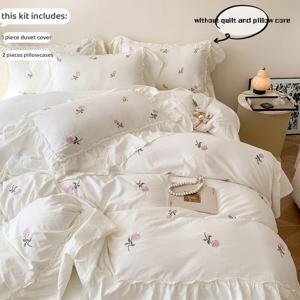 3pcs 장미 수 놓은 이불 커버 세트 (1 * 이불 커버 + 2 * 베개 커버, 코어 없음), 공주 스타일 레이스 침구 세트