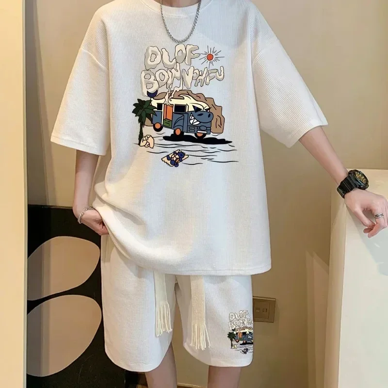 한국어 패션 와플 남자 세트 여름 패션 짧은 소매 탑 반바지 세트 운동복 유행 Tracksuit 2 피스 세트 인쇄 의상