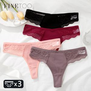 FINETOO 여성용 코튼 속옷 레이스 끈 팬티, 섹시한 단색 로우 웨이스트 비키니 팬티, 통기성 G 스트링 란제리, 3 개