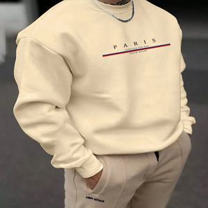 남성용 파리 프린트 SWEATS 후드 루즈핏 프린트 캐주얼 라운드 넥 탑 남성용 가을, 겨울 따뜻한 라운드 넥 까마귀