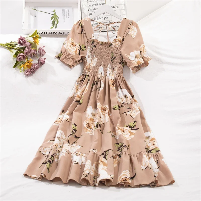 봄 여름 쉬폰 드레스 패션 여성 탄성 허리 짧은 소매 Pleated 캐주얼 드레스 여성 a 라인 드레스 Vestidos