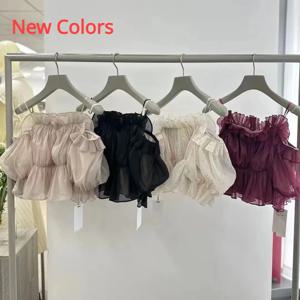Kuzuwata 205 짧은 일본 쉬폰 슬래시 넥 블라우스, 프릴 오프 숄더, 섹시한 셔츠, 산뜻한 단색 블라우스