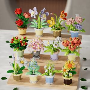 크리 에이 티브 빌딩 블록 꽃다발, 영원한 꽃 식물 화분 선물, 장미 해바라기 화분, 조립 된 빌딩 블록 장난감