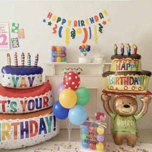 3D 생일 케이크 알루미늄 필름 풍선 장식 컬러 더블 레이어 케이크 1 세 베이비 샤워 생일 파티 용품