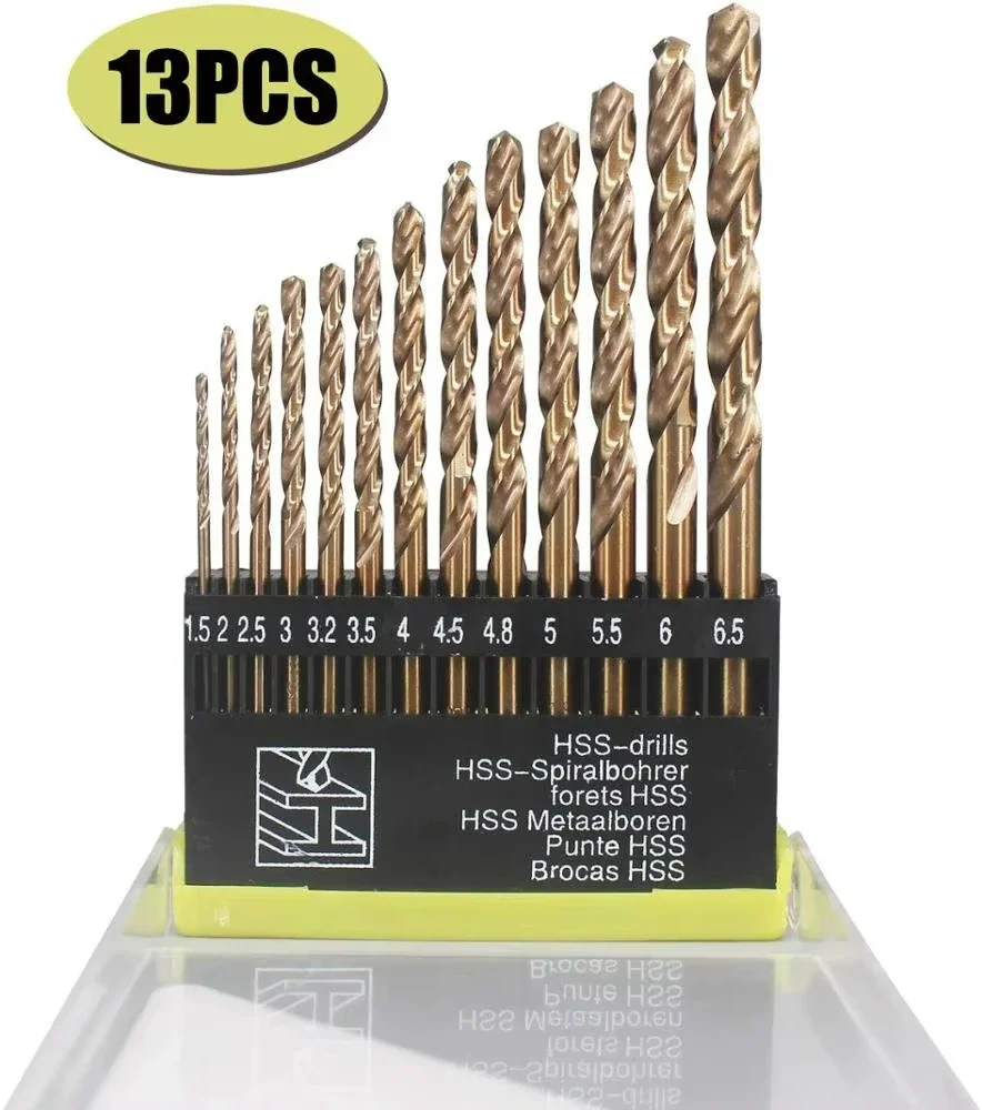 Perfactool 13pc HSS 1.5-6.5mm 라운드 생크 트위스트 드릴 비트 세트 금속 PVC 보드 용 티타늄 코팅 드릴링 구멍