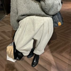 2024 세련된 여성 캐주얼 루즈 포켓 모직 정장 바지 가을 겨울 높은 허리 두꺼운 한국 숙녀 솔리드 하렘 바지