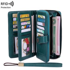 RFID 도난 방지 브러시 레트로 대용량 장 지갑 멀티 카드 여성용 지갑 손목 스트랩이있는 다기능 지퍼 지갑
