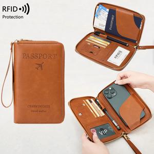 RFID 차단 여권 소지자, 여행용 지갑, 티켓, 신용 카드 가방, 손목 스트랩이 있는 다기능 지퍼 지갑, 패션