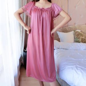 여성 가짜 얼음 실크 잠옷 슬리핑 드레스 중간 길이 짧은 소매 Nightdress 섹시한 잠옷 홈웨어 Loungewear Pajama F