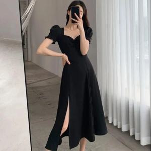 솔리드 퍼프 반팔 우아한 슬릿 드레스 새로운 패션 여성 v-목 전체 드레스 숙녀 높은 허리 슬림 저녁 파티 vestidos