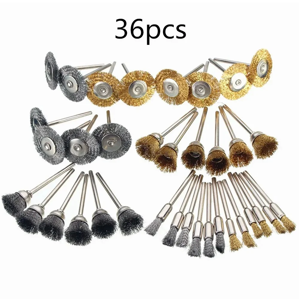36Pcs 황동 브러시 스틸 와이어 휠 브러쉬 드릴 로타리 도구 연마 로타리 도구 금속 녹 제거 브러쉬 세트