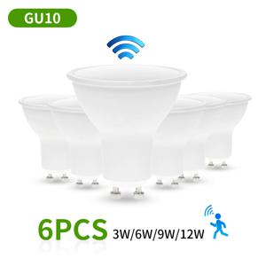 6PCS 3W 6W 9W 12W LED GU10 레이더 센서 전구 220V 모션 센서 LED 램프 자동 OFF/ON 따뜻한 흰색 3000K/차가운 흰색 6000K