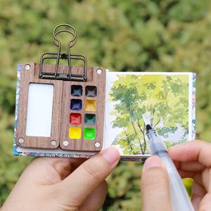 8/15 그리드 휴대용 스케치북 팔레트, 미니 호두 나무 컬러 팔레트 상자 그리기 용 여행 수채화 케이스, (색상 없음)