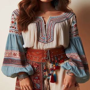 랜턴 슬리브 Boho 블라우스 플로랄 패턴 Drawstring O 넥 중공 에스닉 스타일 여성 탑 봄 여름 가을 세련된 블라우스