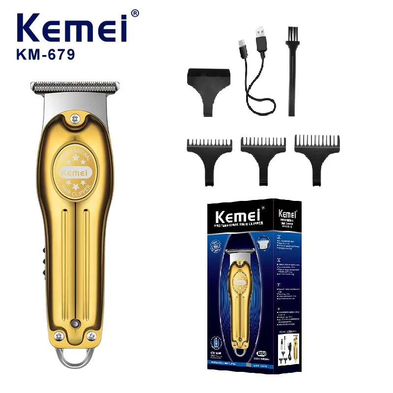 도매 전기 골드 실버 컬러 헤어 트리머 Kemei Km-679 USB 충전 미니 LCD 라이트 조각 가위 헤어 클리퍼