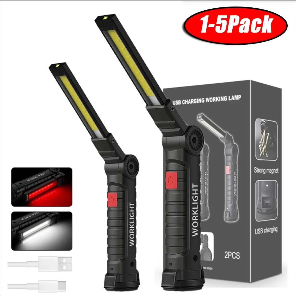 COB LED 접이식 손전등 휴대용 마그네틱 작업등 랜턴, USB 충전식 비상 수리 캠핑 토치 램프, 후크 포함