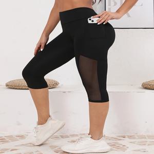 주머니가 있는 여성용 메쉬 접합 하이 웨이스트 요가 바지 카프리 배 턱 운동 레깅스