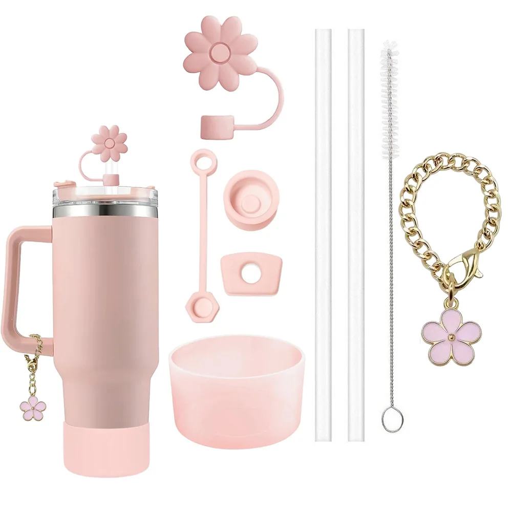 9pcs 액세서리 세트 3 유출 방지 스토퍼 꽃 밀짚 커버 부팅 2 밀짚과 브러시 및 스탠리 컵용 꽃 참 체인 1개