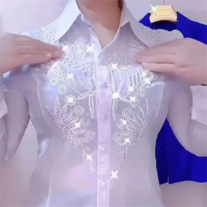 여성용 긴팔 셔츠, 고급스러운 기질 디자인, 자수 라인석 화이트 셔츠, 용수철 가을 여름 블라우스, 신상