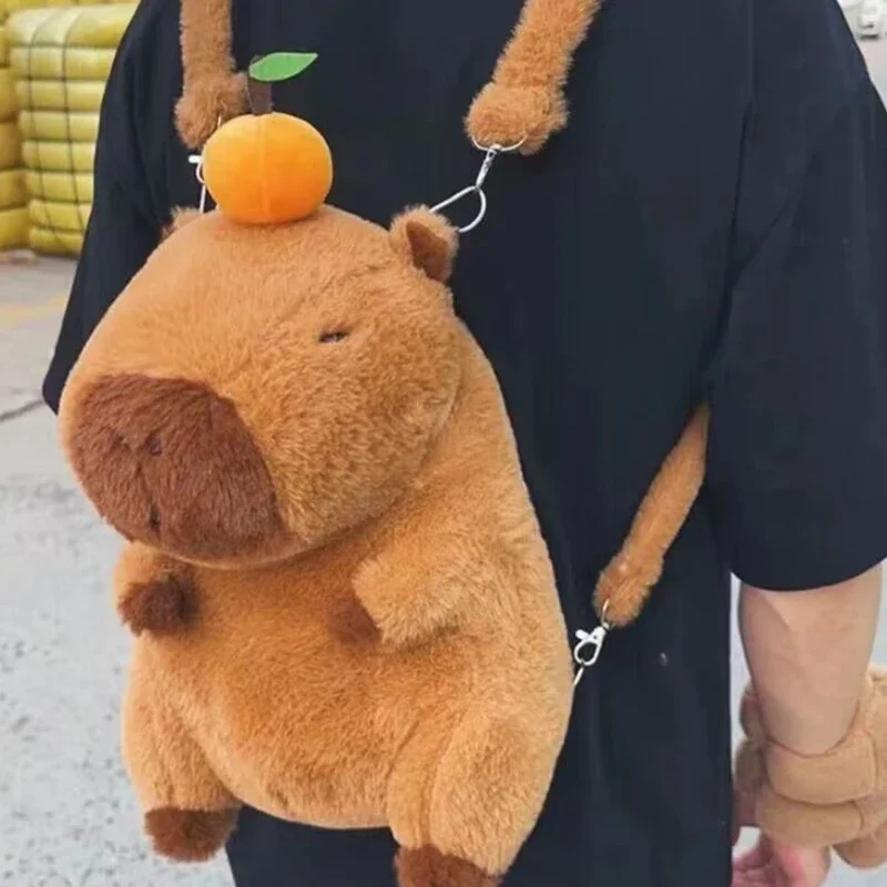 딸기 모자 Capybara 플러시 장난감 시뮬레이션 거북이 배낭 Capibara 박제 동물 아빠 핸드 서클 링 소형 펜던트